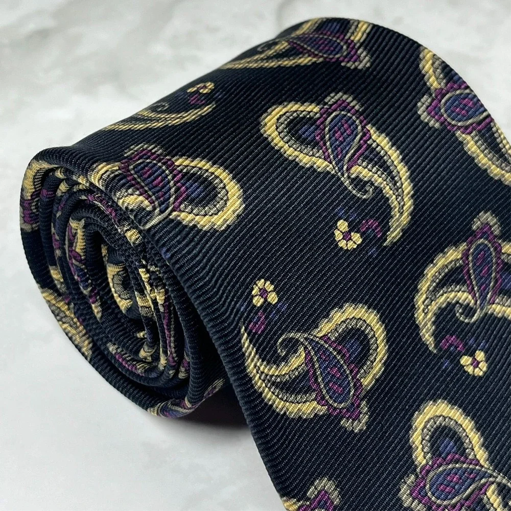 Gitman Bros Saks Fifth Ave Repp Silk Men's Necktie Paisley Black Purple USA‎